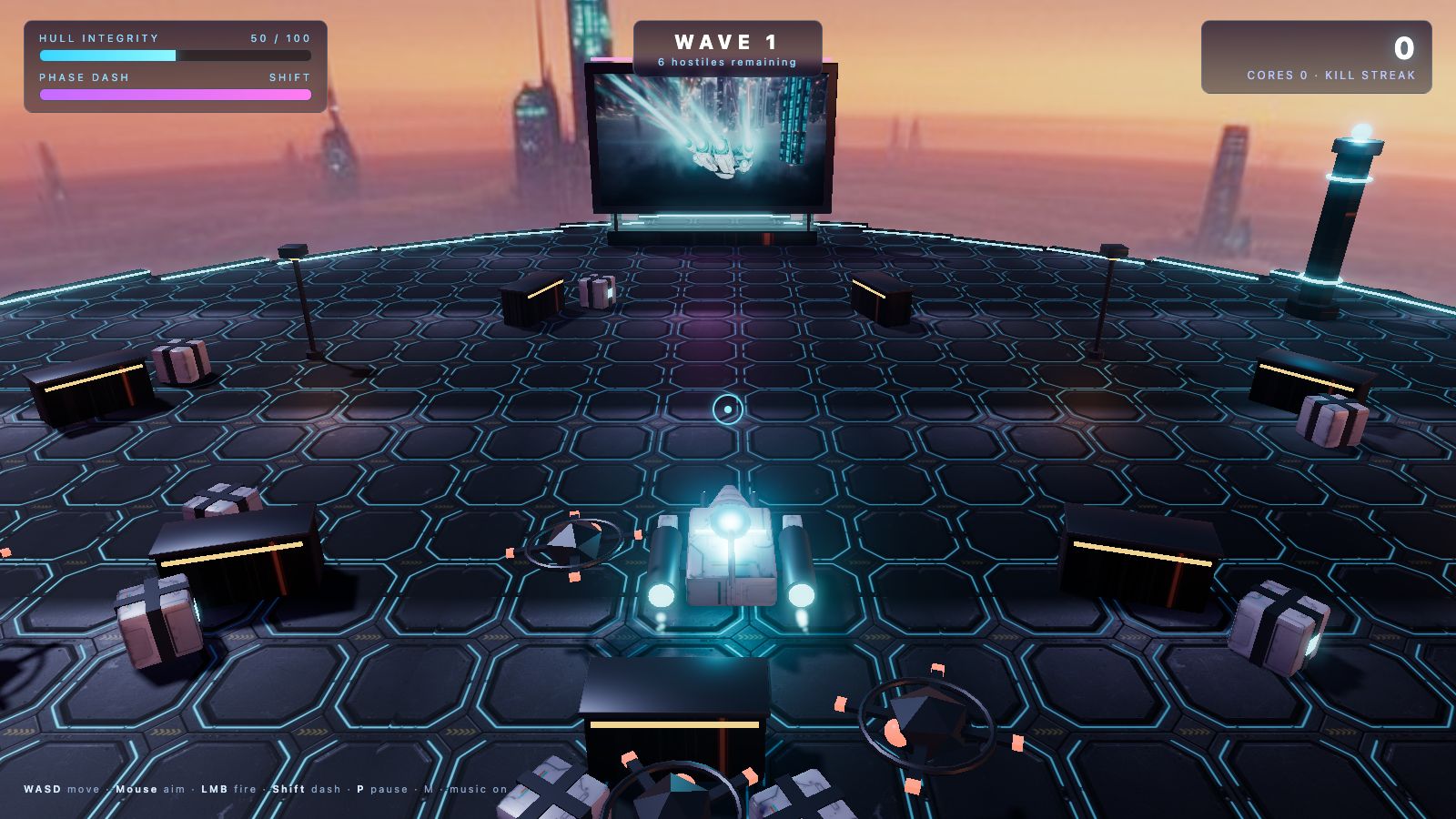 NEON WARDEN — hexagonal arena above the clouds, holo-billboard playing a generated video clip