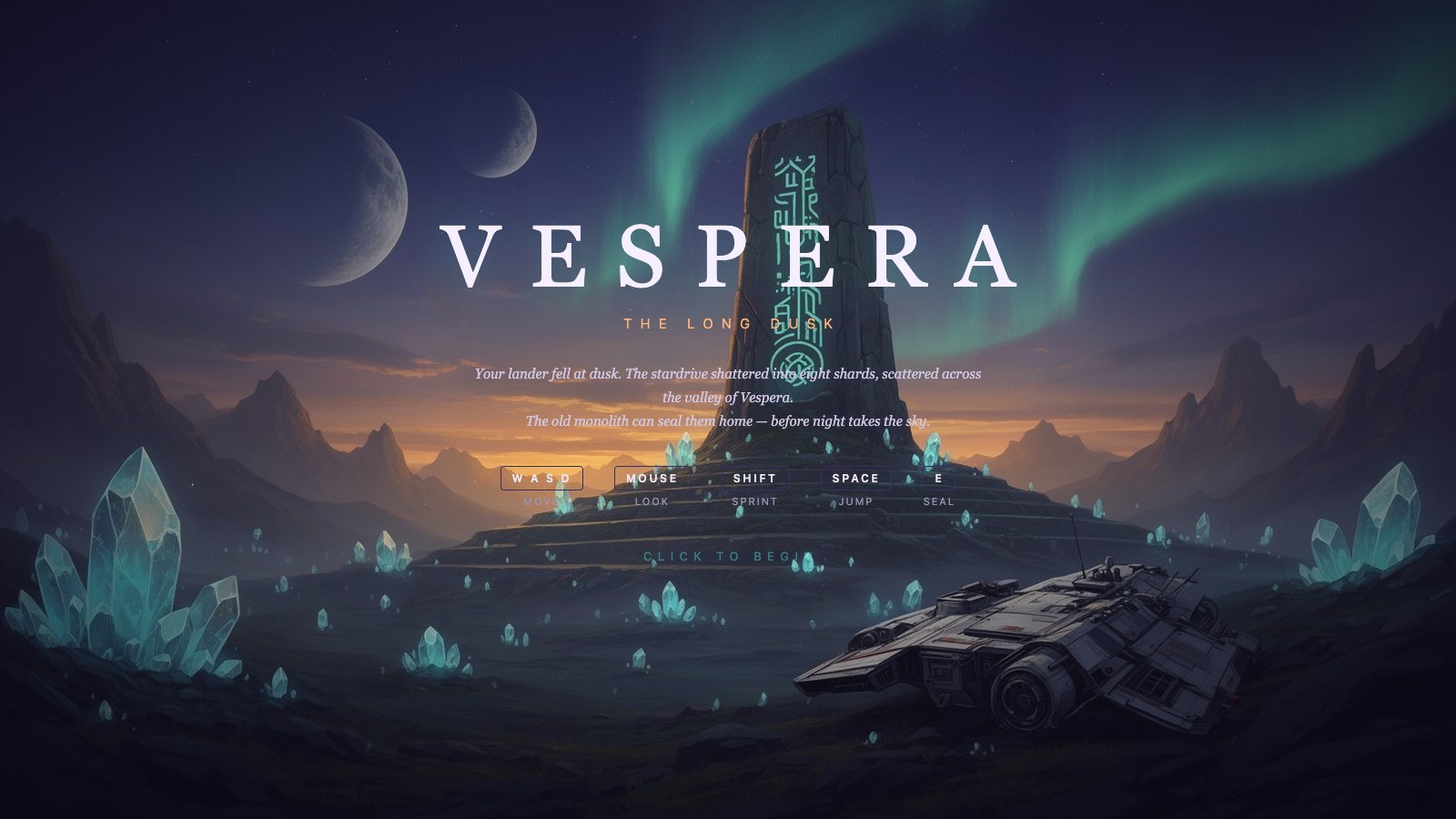 VESPERA — title screen: monolith under an aurora, two moons, a crashed lander