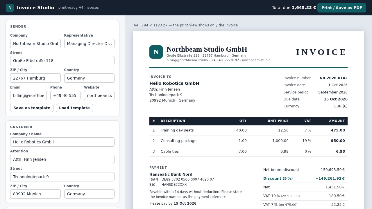 Invoice generator built by Mia's vLLM kit
