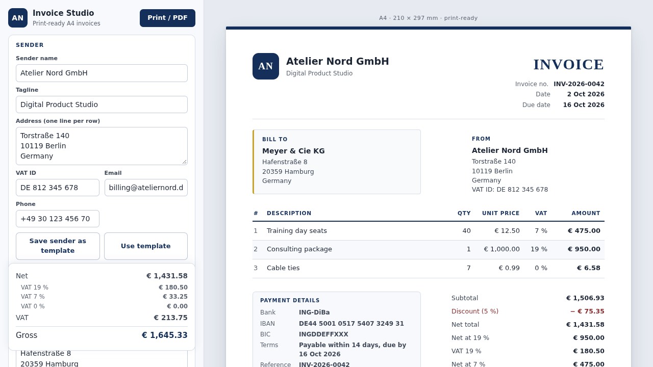 Invoice generator built by Mia's TensorFold kit