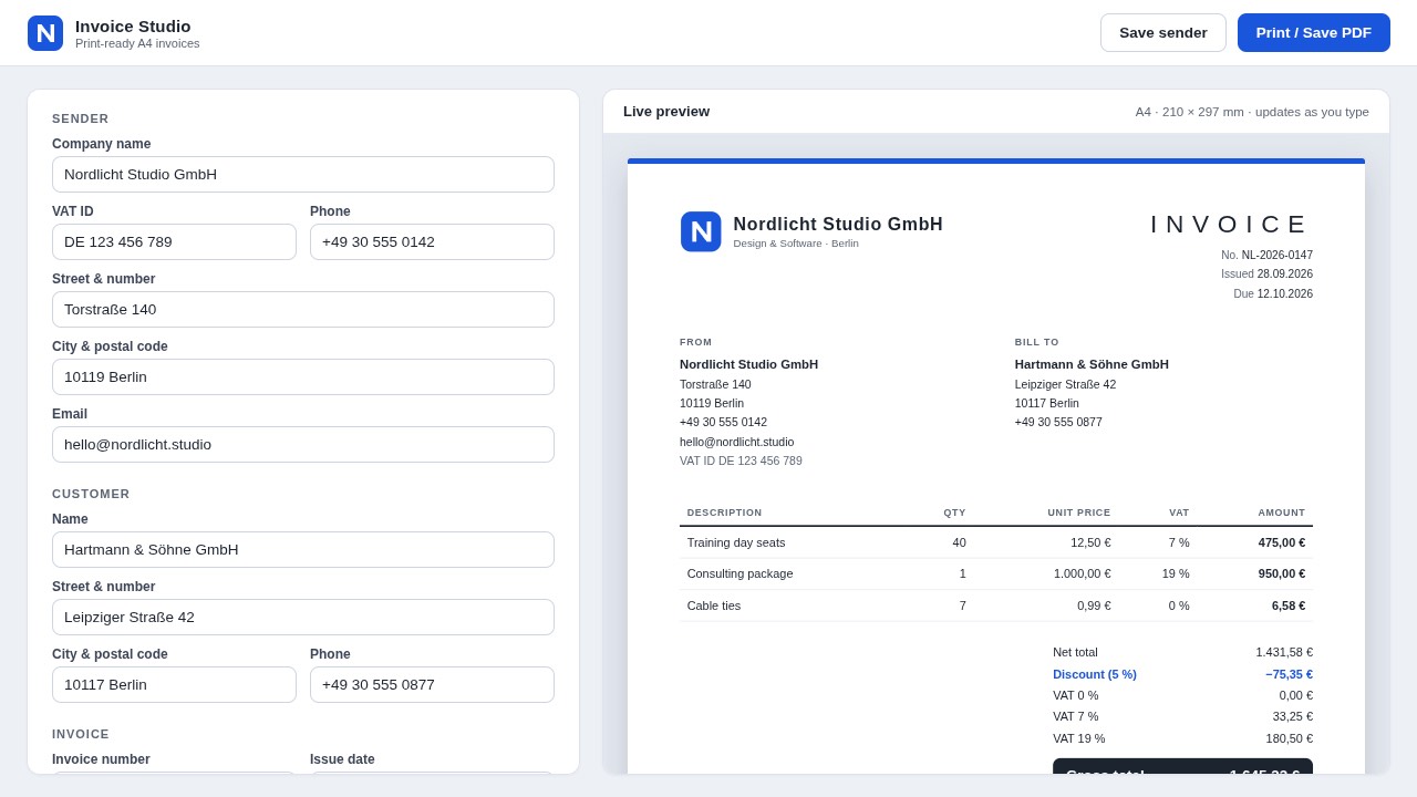Invoice generator built by Mia's NVFP4 recipe