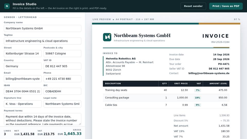 Invoice generator built by Qwen3.8 Flash-Next