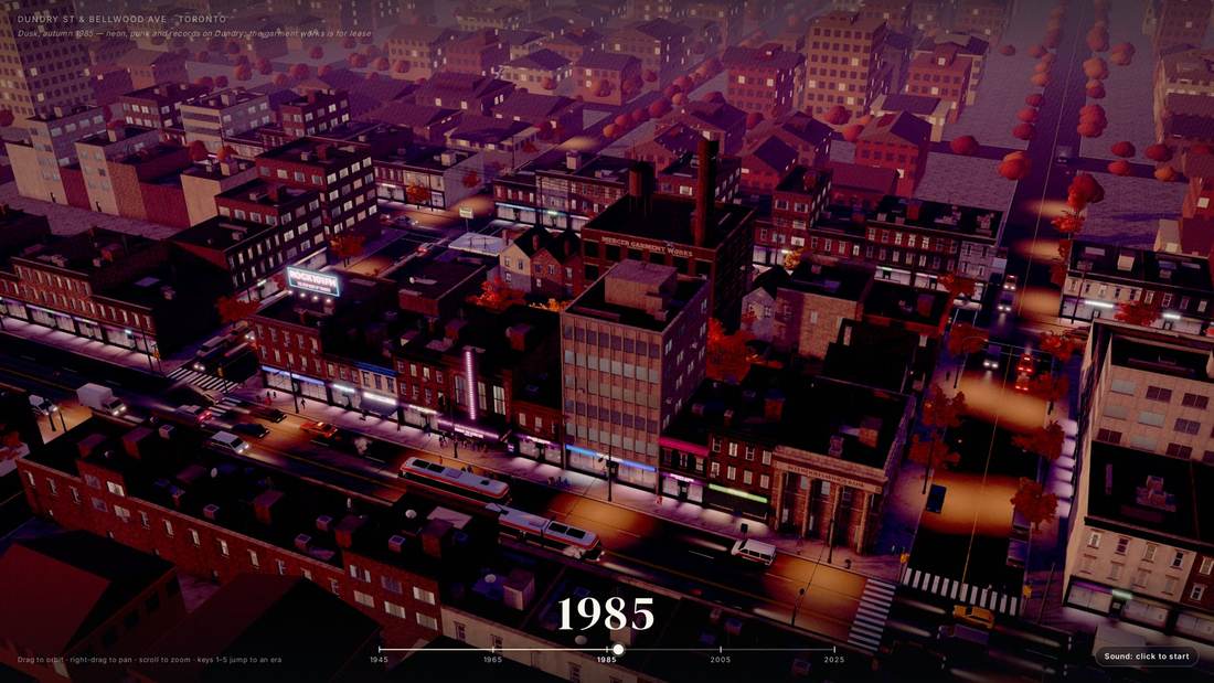 City block through five decades, built by Claude Opus 5.5