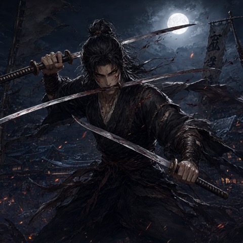 Qwen-Image 2.1 · RTX 5060 Ti · 16 GB · three-sword-warrior, seed 4211