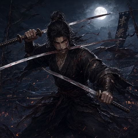 Qwen-Image 2.1 · RTX 5090 · 32 GB · three-sword-warrior, seed 4211