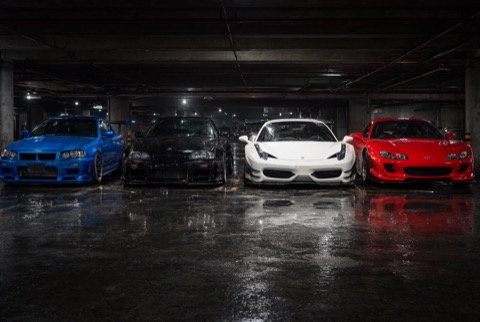 Qwen-Image 2.1 · RTX 5090 · 32 GB · four-legend-cars, seed 4211