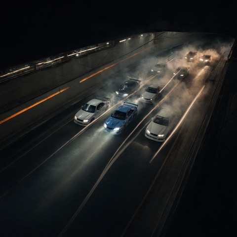 Qwen-Image 2.1 · RTX 5090 · 32 GB · six-car-drift, seed 4211